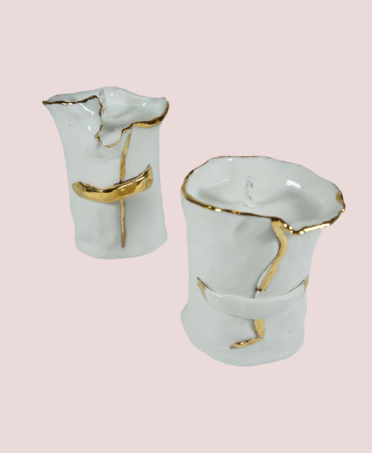 White and Gold Porcelain Duo Candle Holder No 3