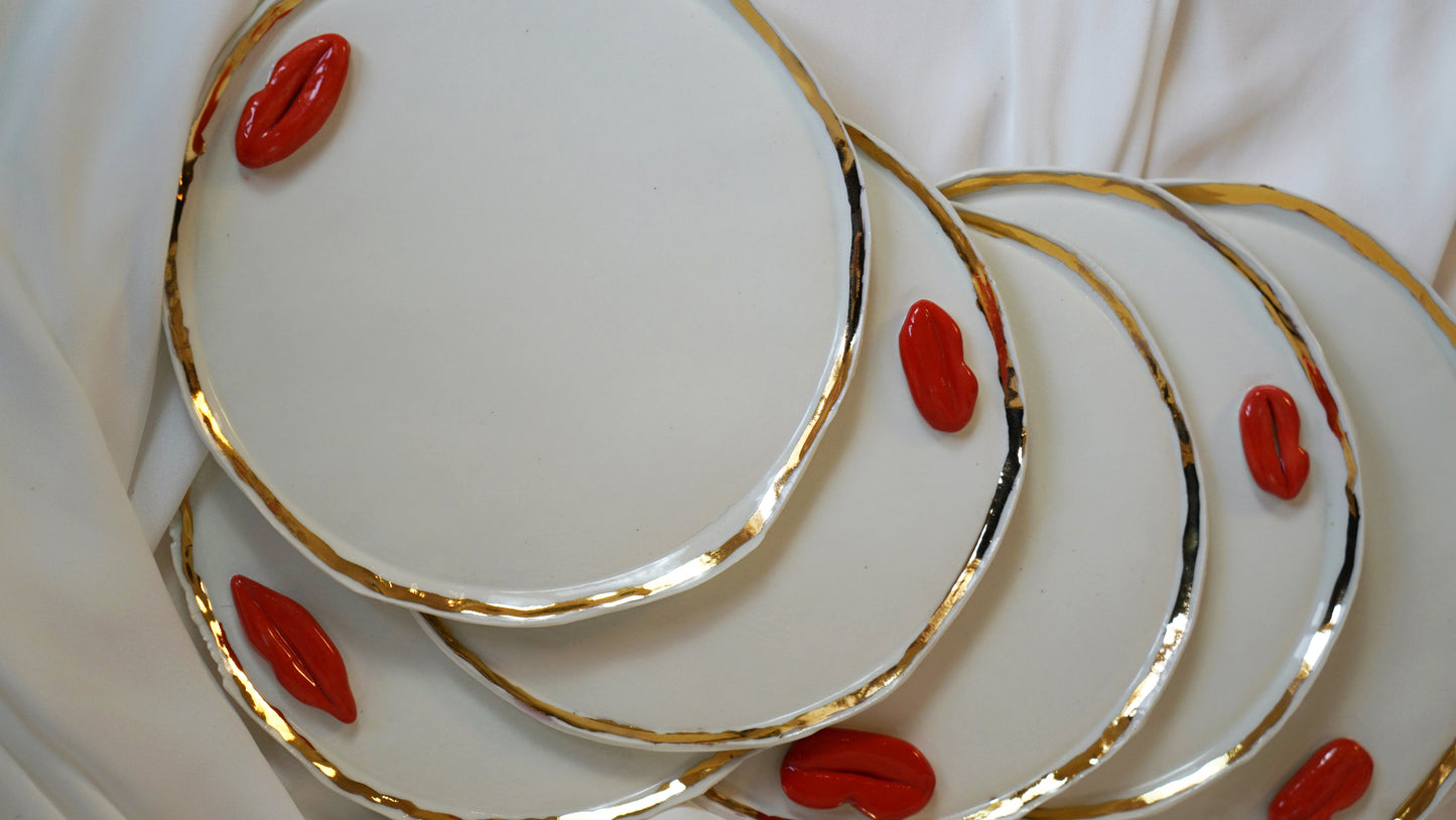 Lips Dinner Plates Set of 12 _ variations of White and Blue Porcelain