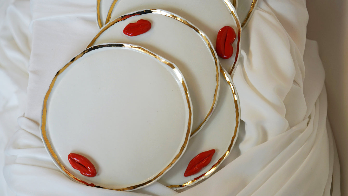 Lips Dinner Plates Set of 12 _ variations of White and Blue Porcelain