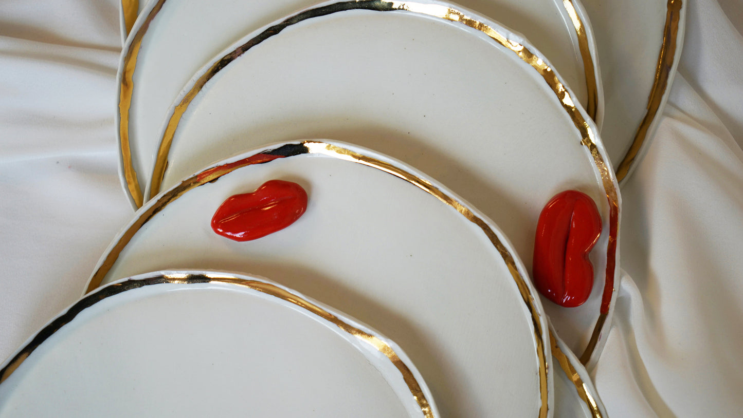 Lips Dinner Plates Set of 12 _ variations of White and Blue Porcelain