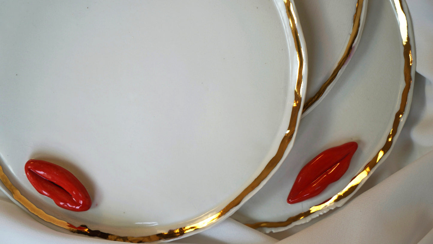 Lips Dinner Plates Set of 12 _ variations of White and Blue Porcelain