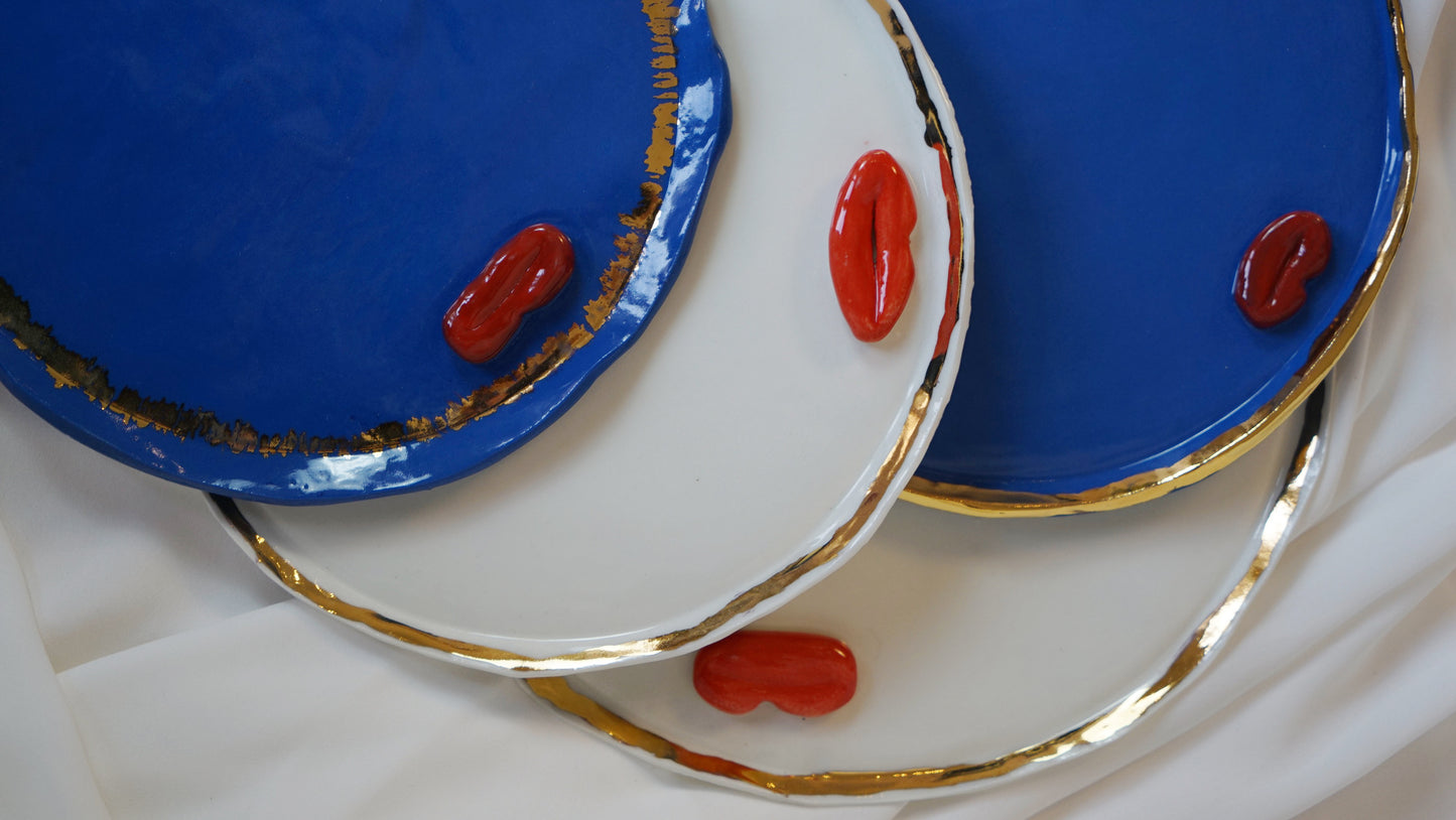 Lips Dinner Plates Set of 12 _ variations of White and Blue Porcelain