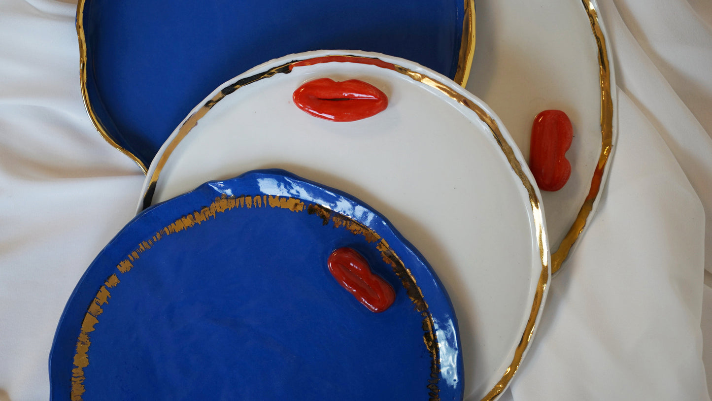 Lips Dinner Plates Set of 12 _ variations of White and Blue Porcelain