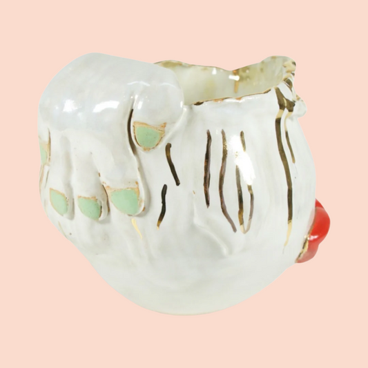 Stoneware handbuilt vase with hands and red lips organic head shape