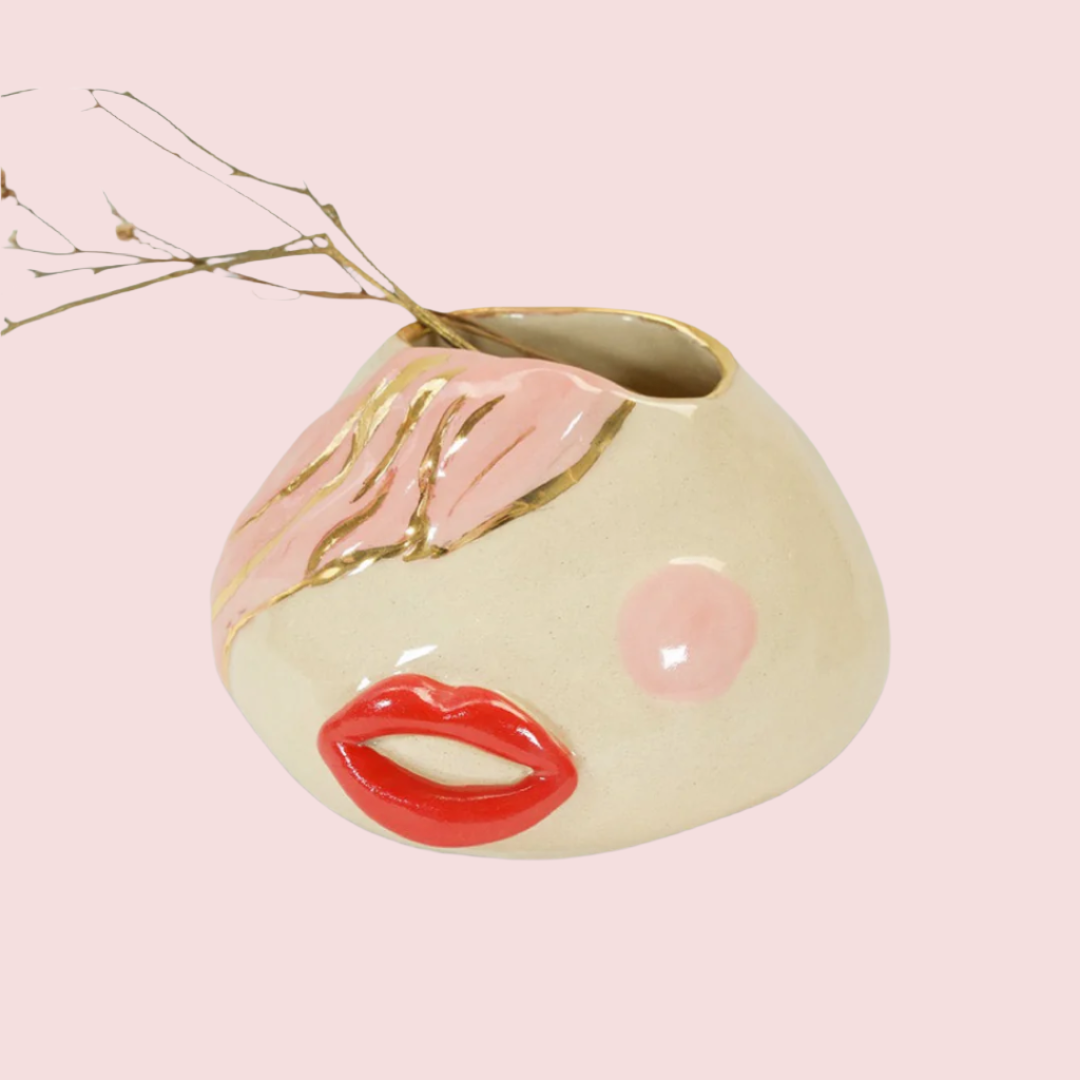 handbuilt handmade vase with red lips