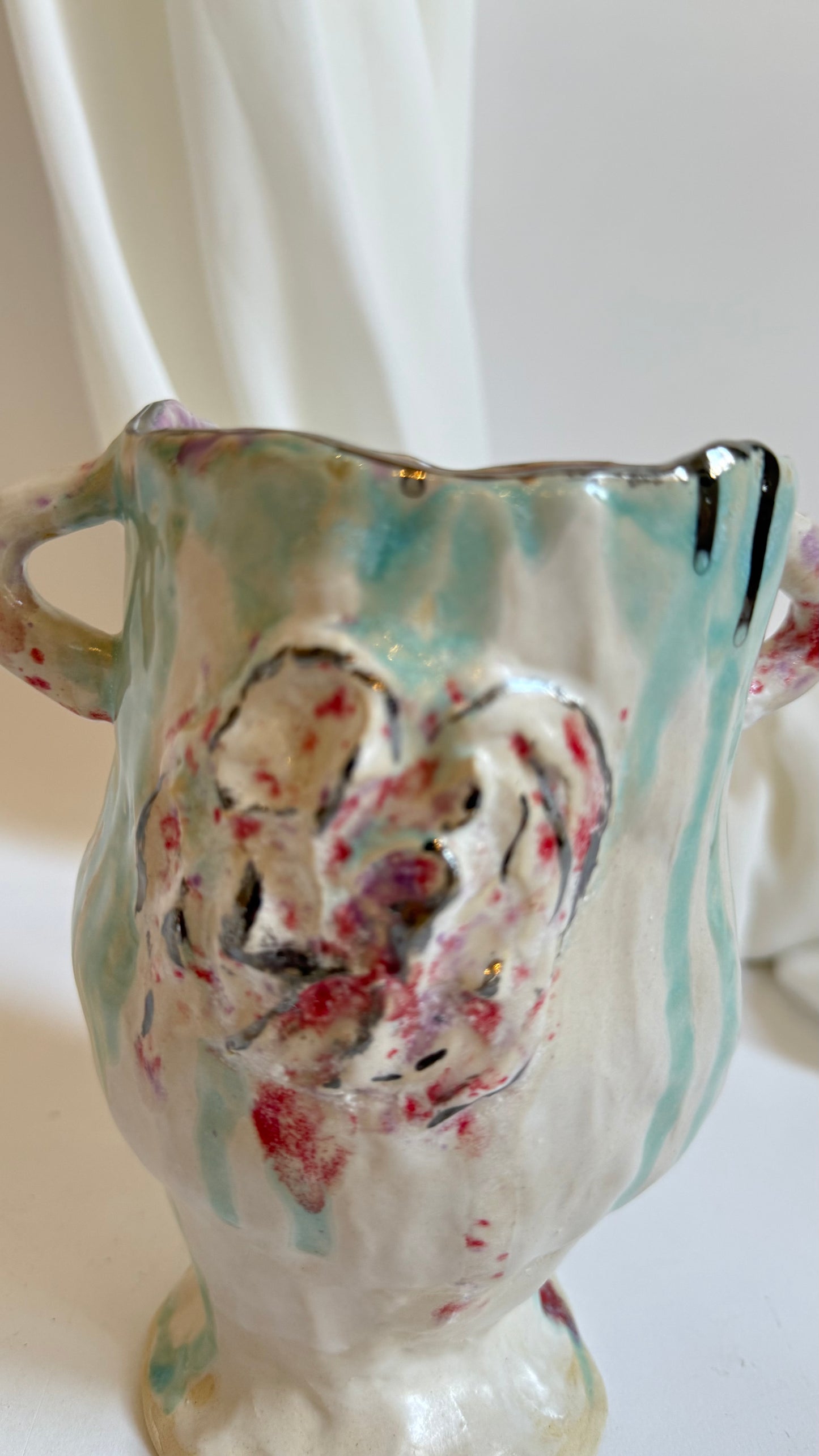 Naive Festive Stoneware Beige Green and Rose Vase By Hania Jneid