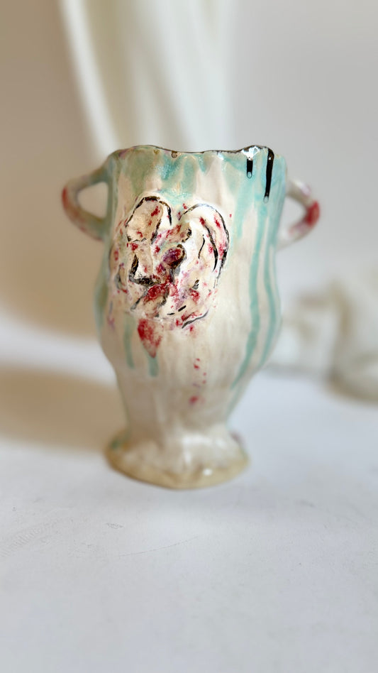 Naive Festive Stoneware Beige Green and Rose Vase By Hania Jneid