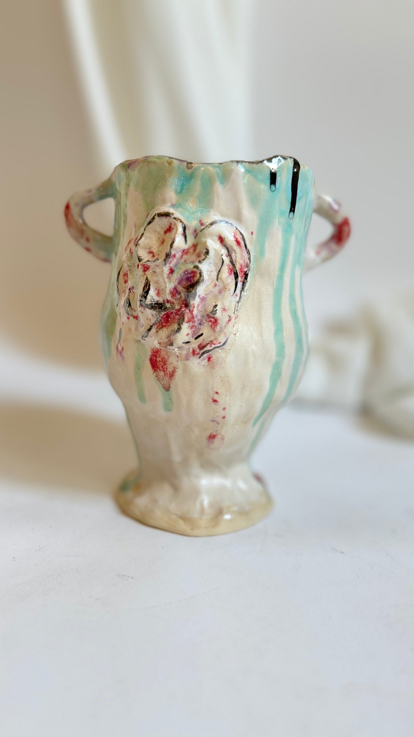 Naive Festive Stoneware Beige Green and Rose Vase By Hania Jneid
