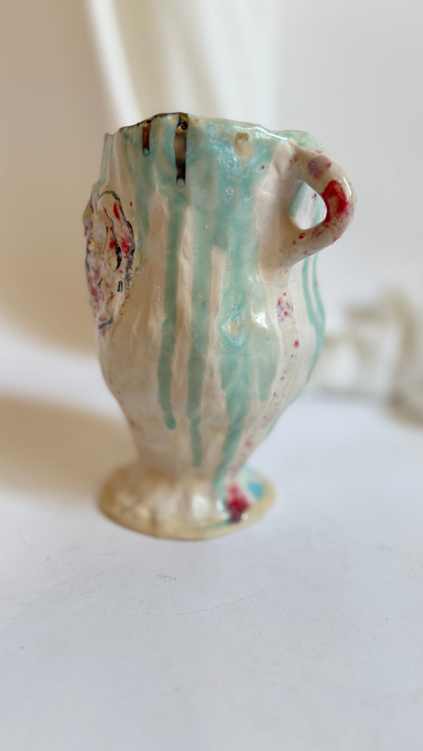 Naive Festive Stoneware Beige Green and Rose Vase By Hania Jneid