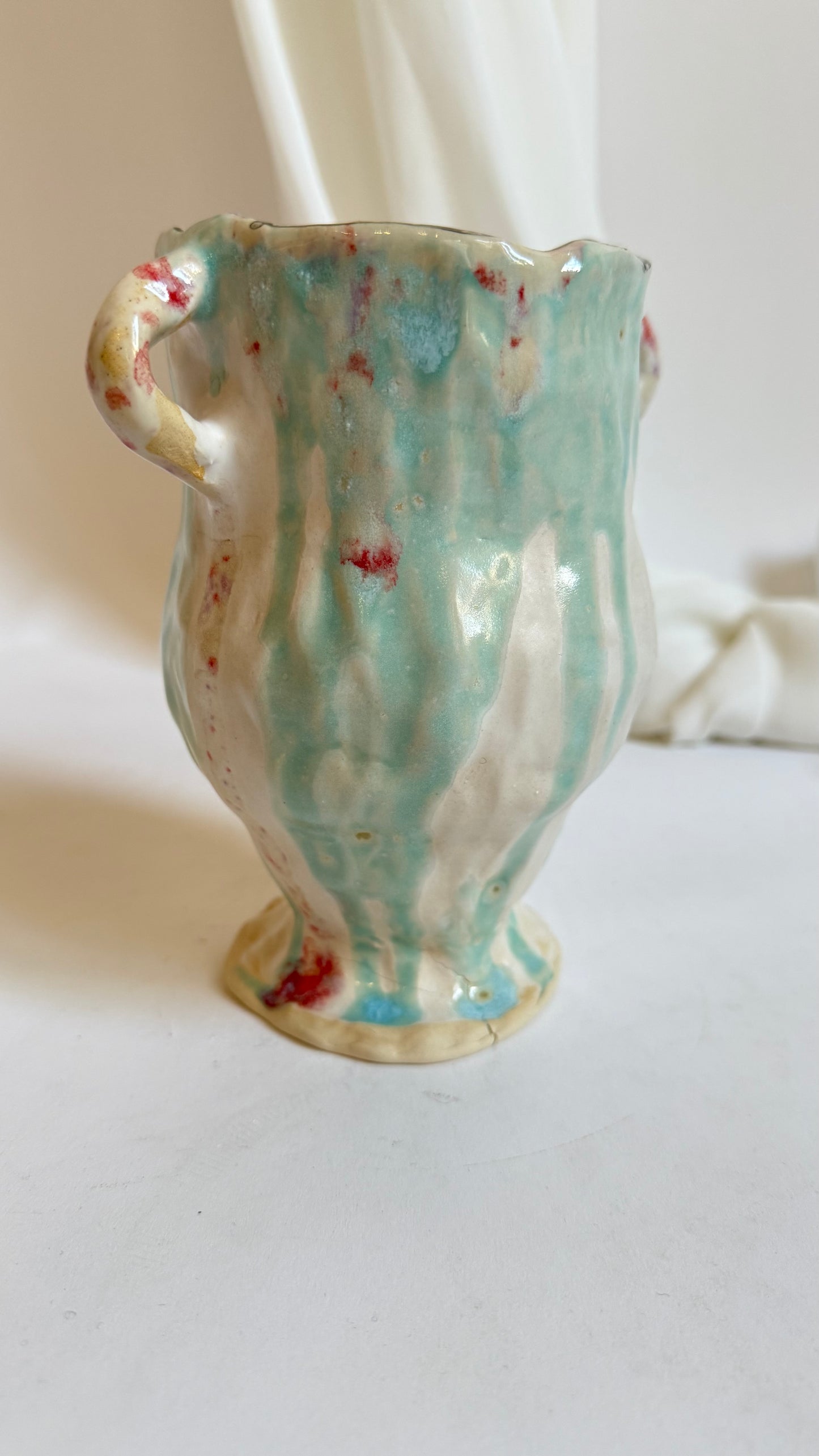 Naive Festive Stoneware Beige Green and Rose Vase By Hania Jneid