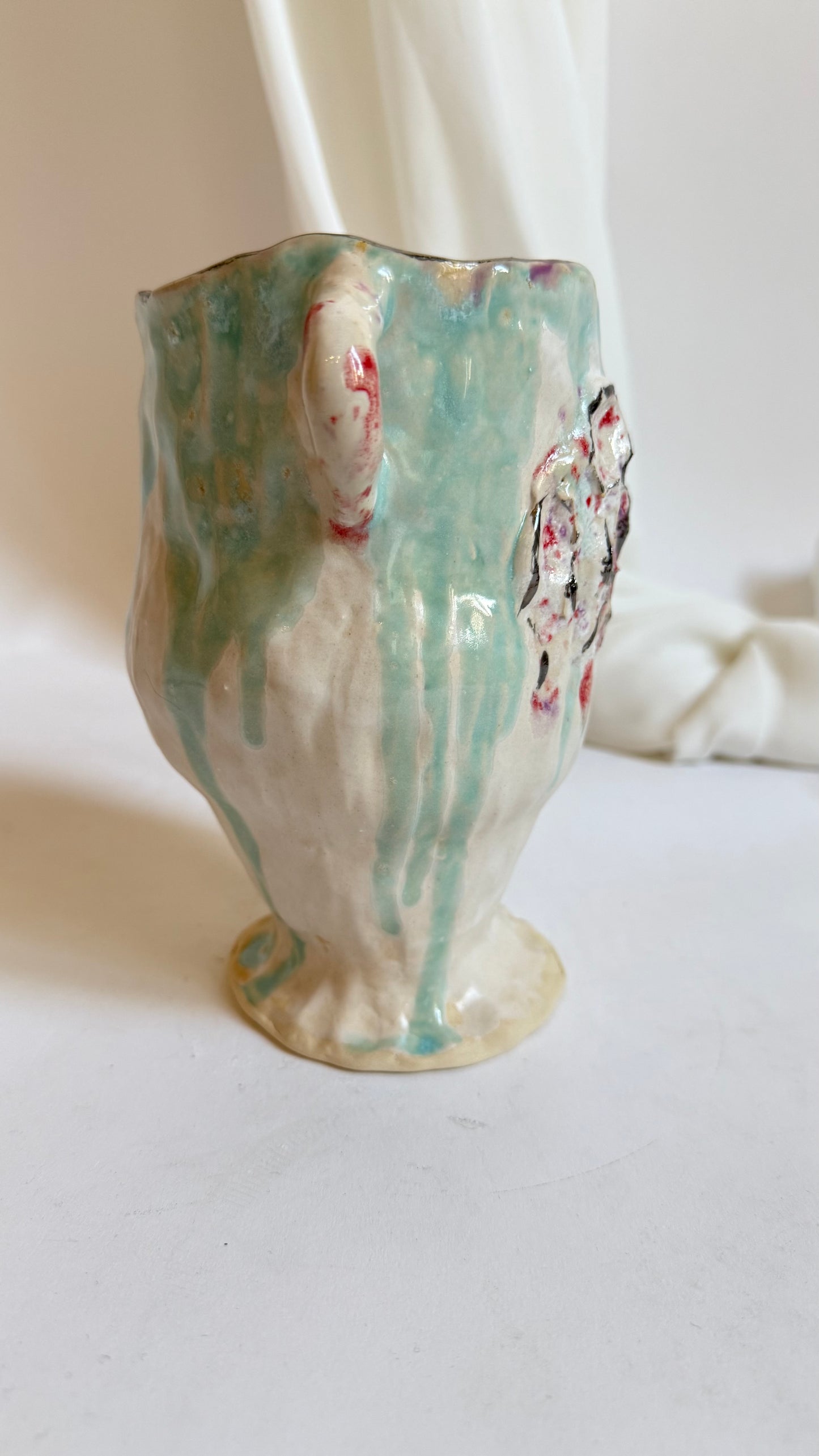 Naive Festive Stoneware Beige Green and Rose Vase By Hania Jneid