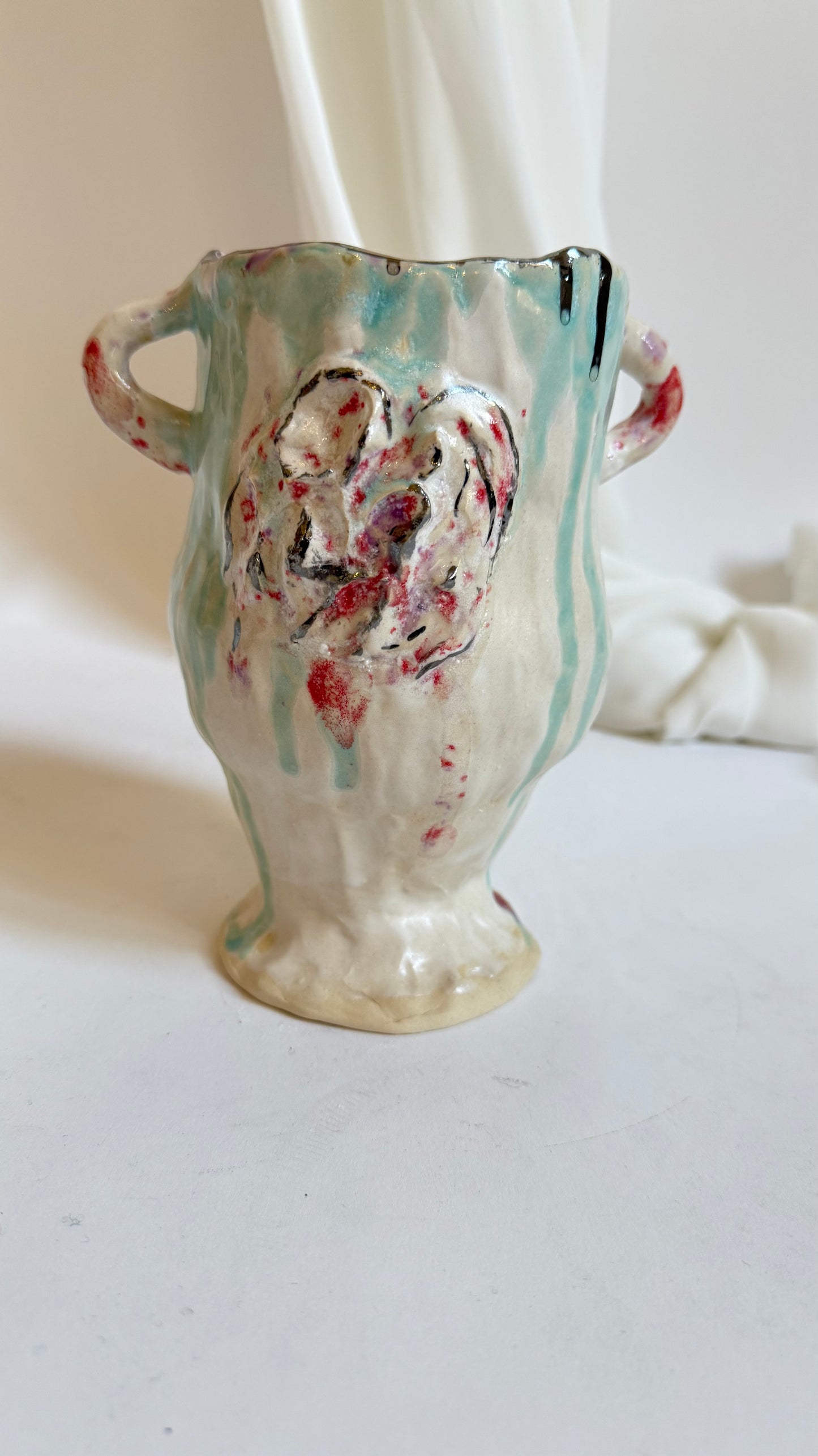Naive Festive Stoneware Beige Green and Rose Vase By Hania Jneid