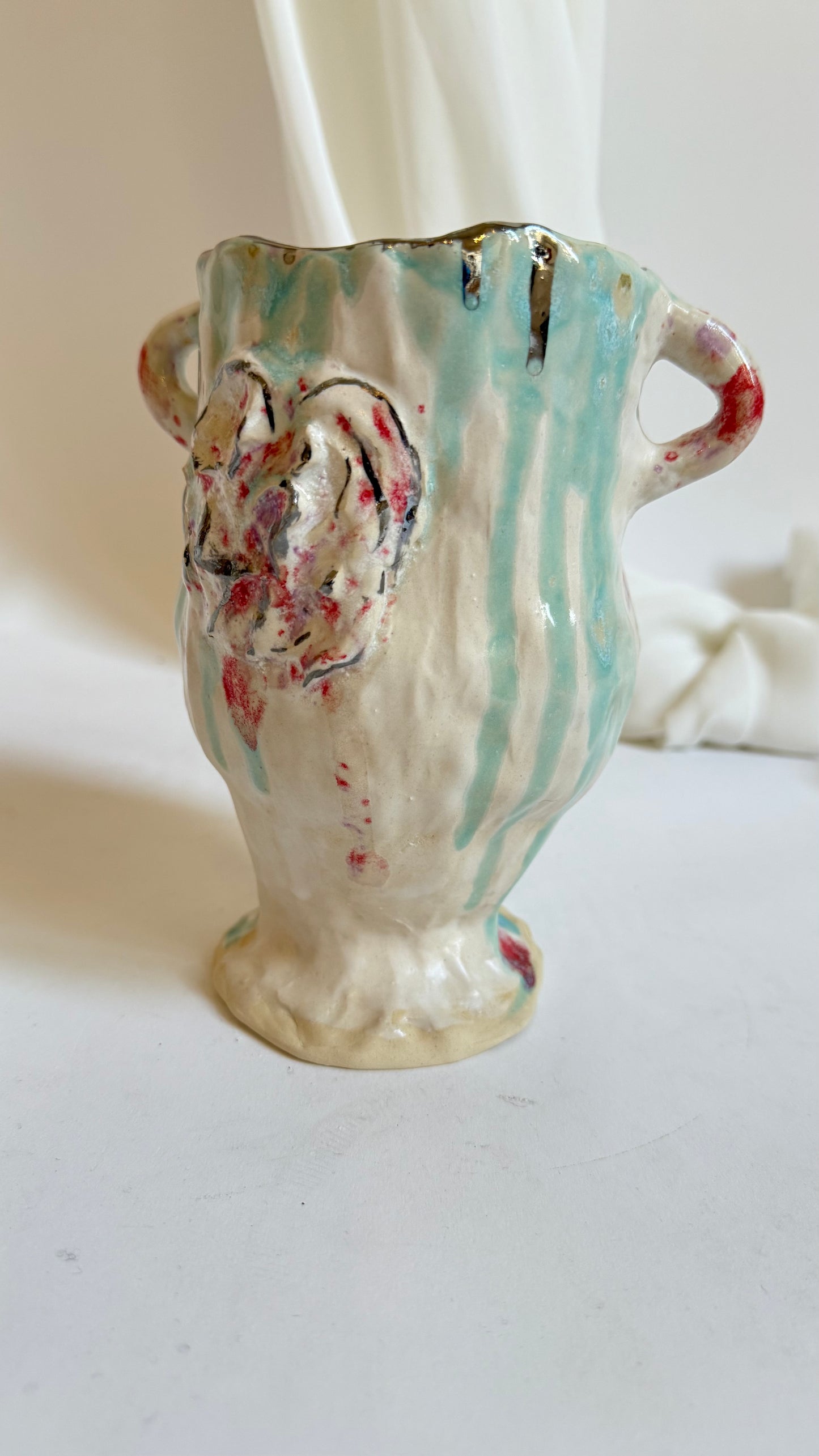 Naive Festive Stoneware Beige Green and Rose Vase By Hania Jneid