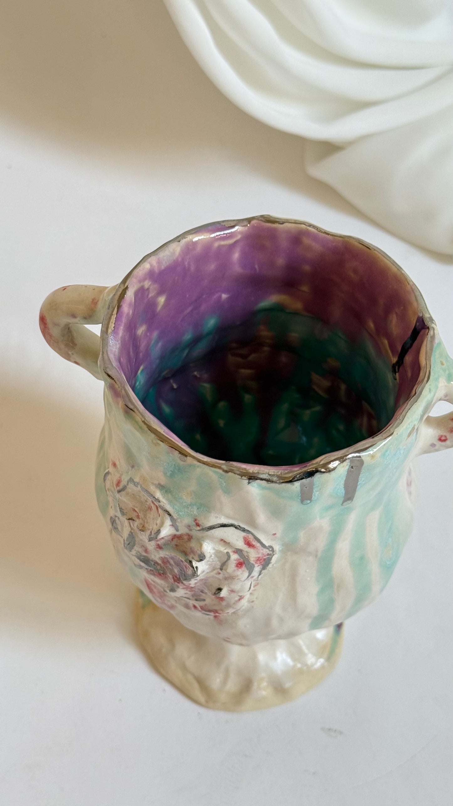 Naive Festive Stoneware Beige Green and Rose Vase By Hania Jneid