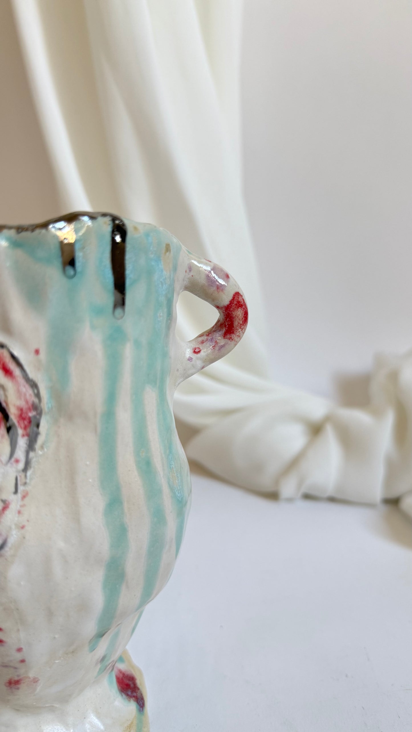 Naive Festive Stoneware Beige Green and Rose Vase By Hania Jneid