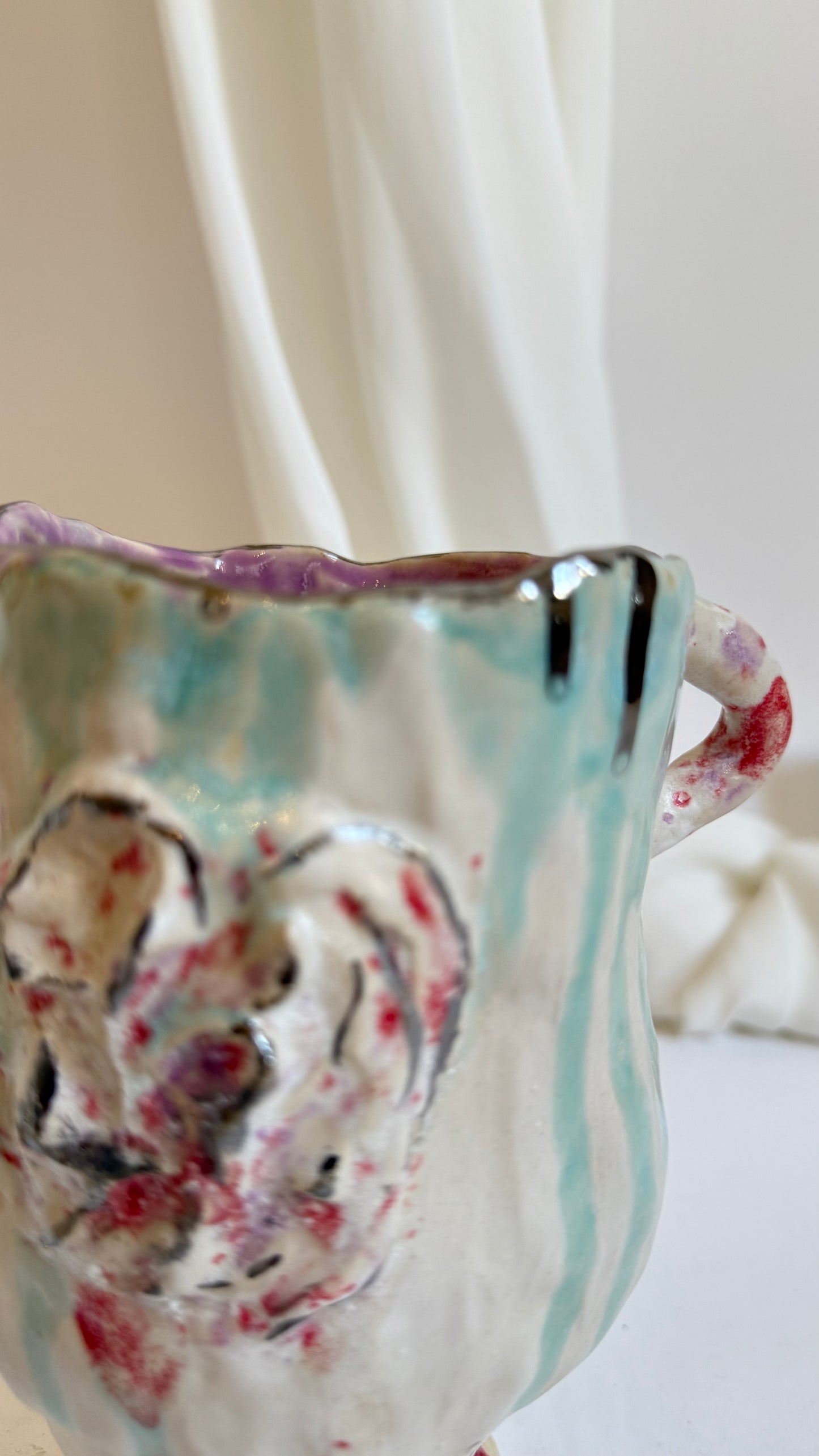Naive Festive Stoneware Beige Green and Rose Vase By Hania Jneid