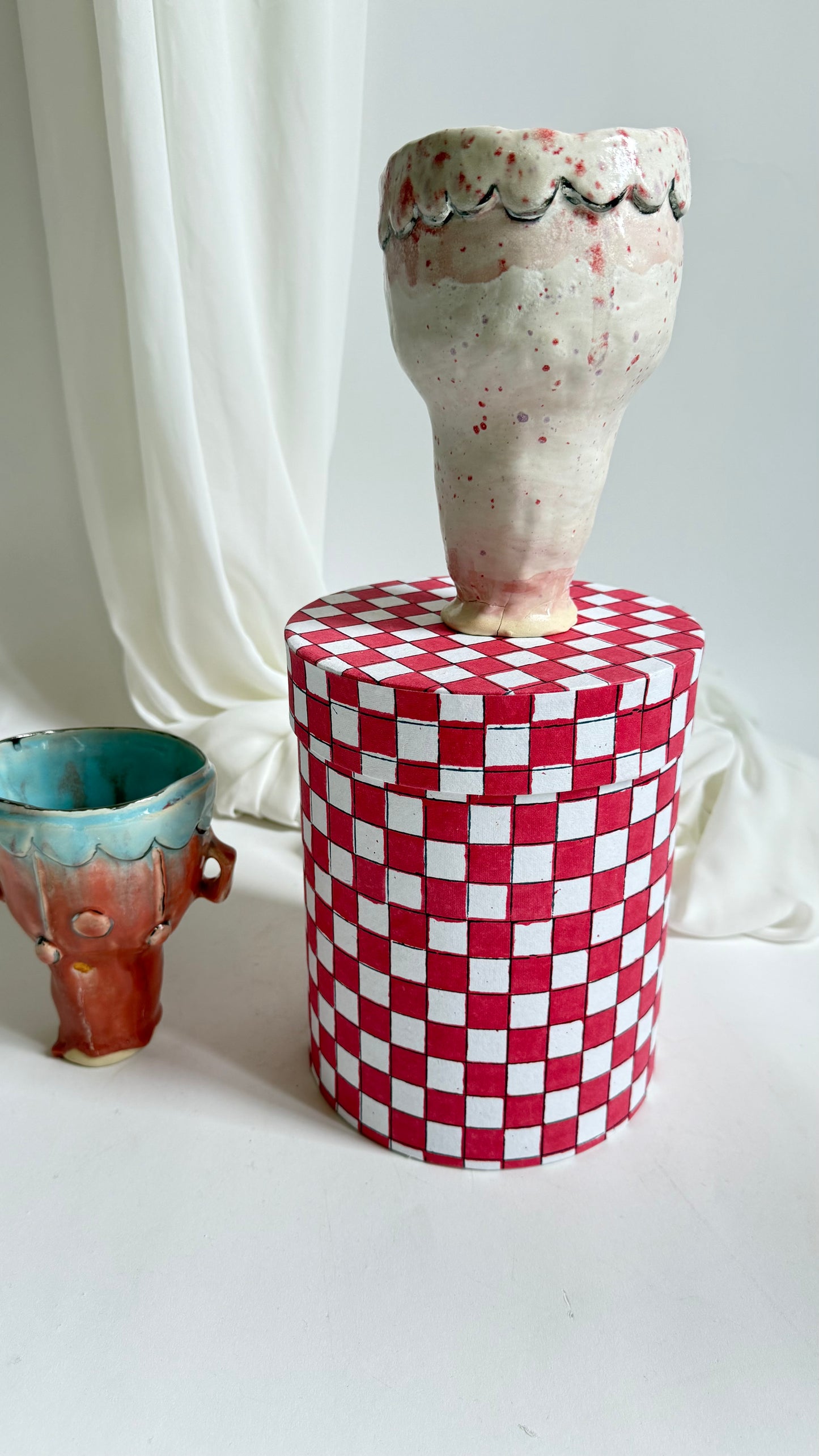 Naive Festive Stoneware Vase in Pink and Beige by Hania Jneid