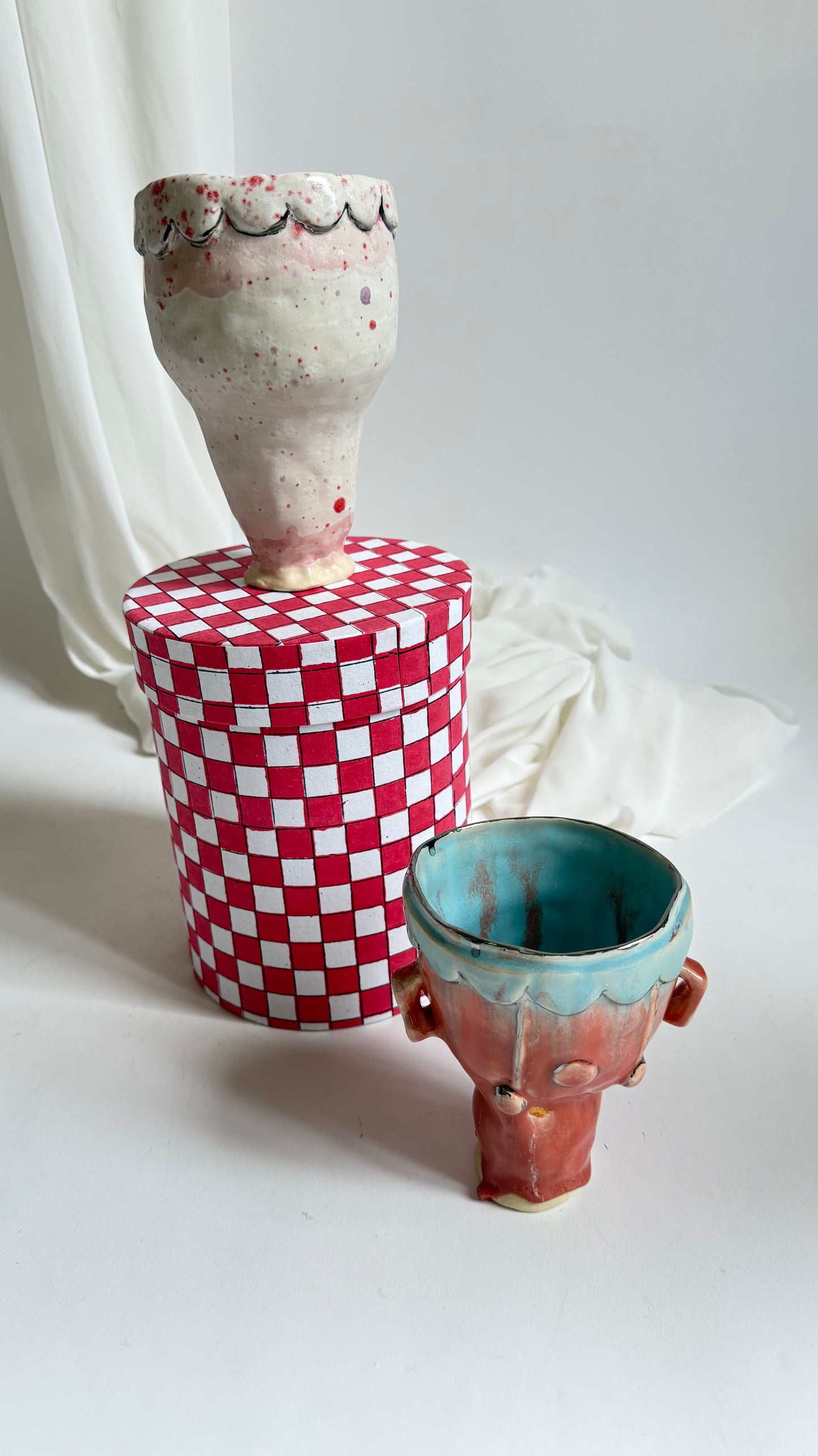 Naive Festive Stoneware Vase in Pink and Beige by Hania Jneid