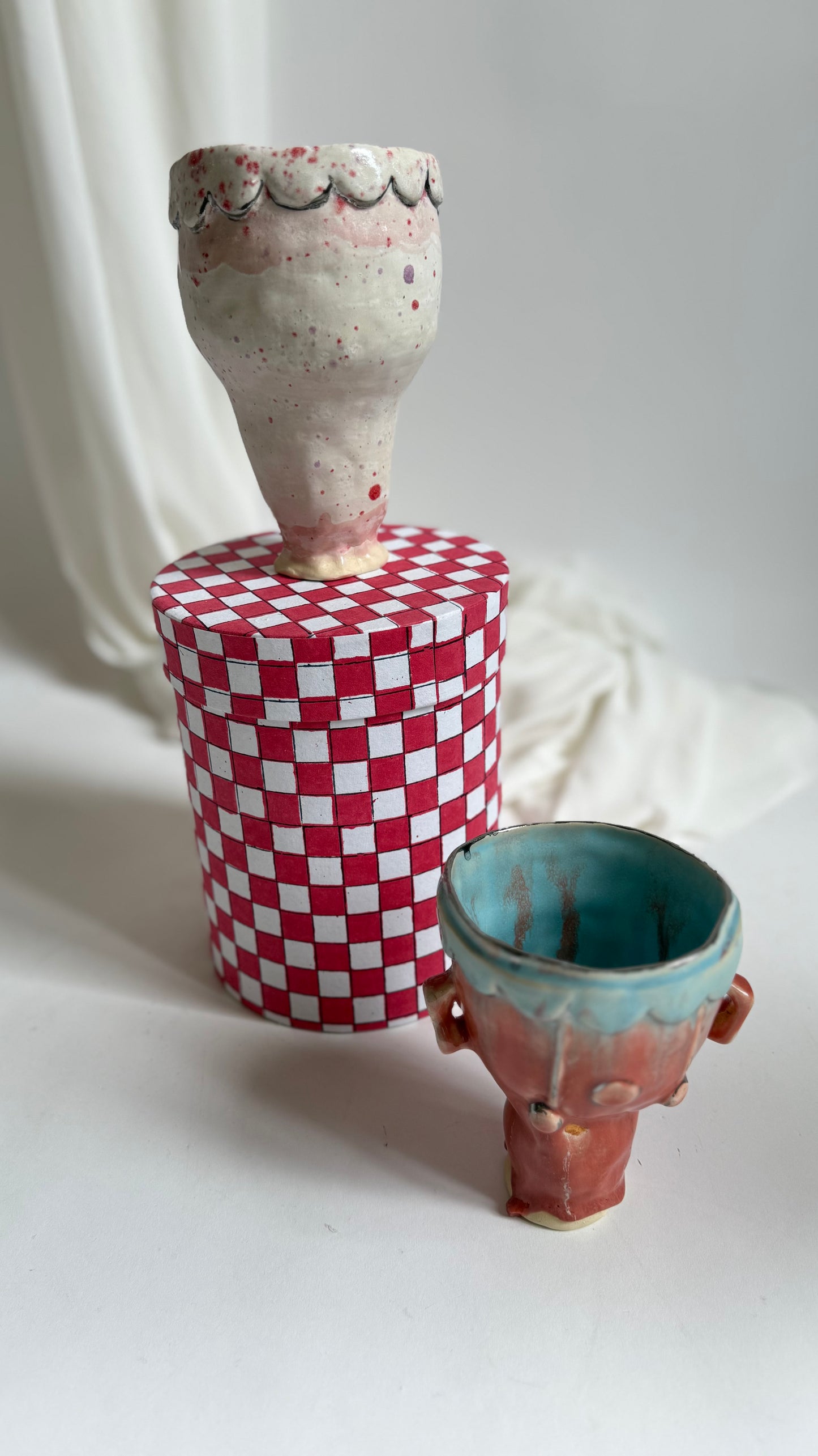 Naive Festive Stoneware Vase in Pink and Beige by Hania Jneid
