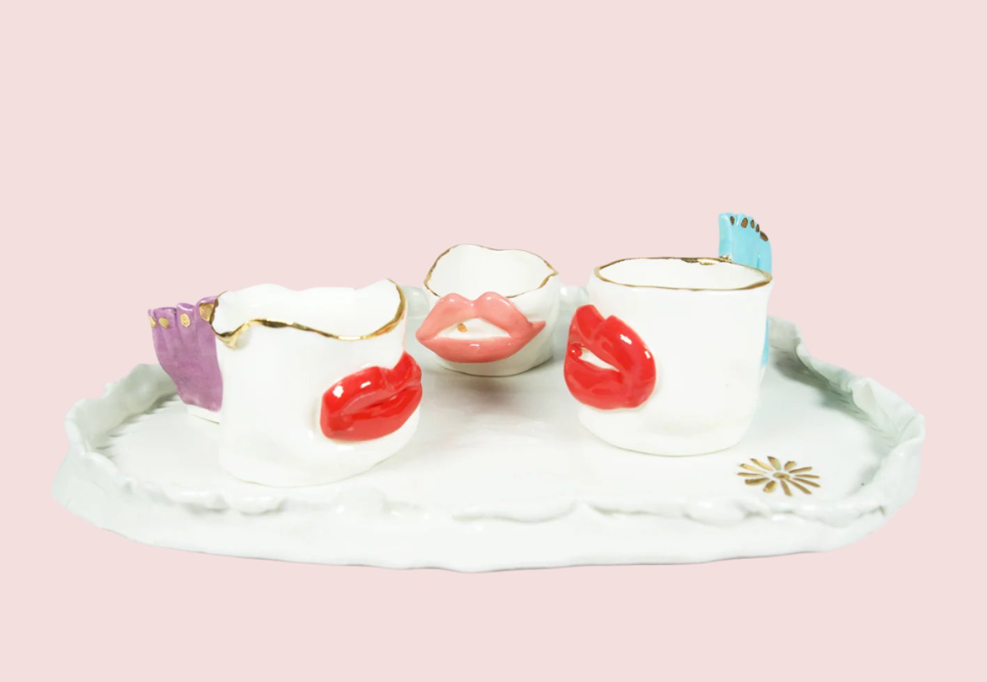 porcelain tray and espresso cups red lips