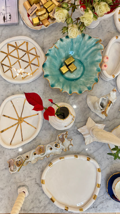 Golden Grace Serving Plates in White Porcelain