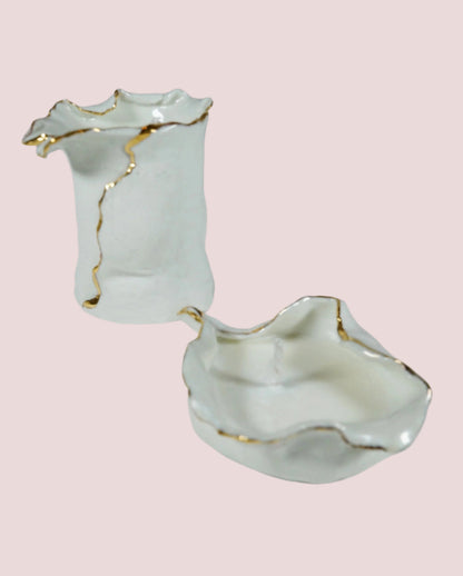 White and Gold Porcelain Candle Holder Duo No 2