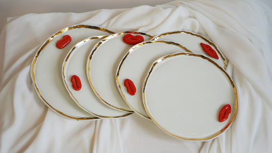 Lips Dinner Plates Set of 12 _ variations of  White and Blue Porcelain