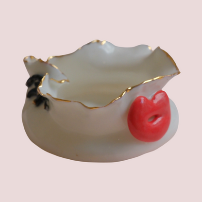 porcelain HANDMADE  WHITE AND RED CANDLE HOLDER