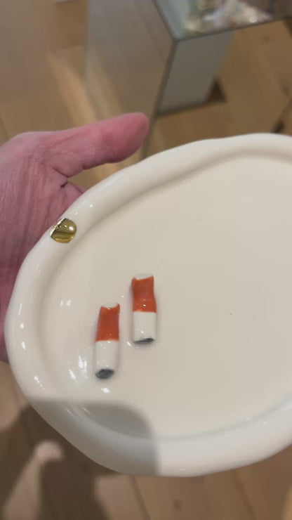 Ashtray with Cigarettes in White Porcelain by Hania Jneid